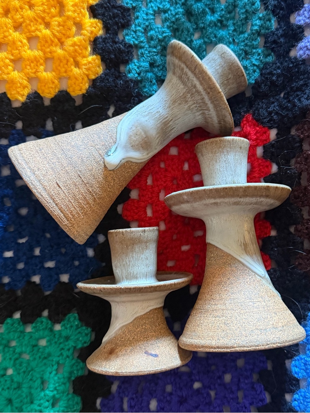3Pc Danish 60s Midcentury modern pottery drip candlestick holders ~ beige/ white